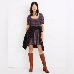 MADEWELL Lucie Smocked Plaid Puff Sleeve Mini Dress Size XS